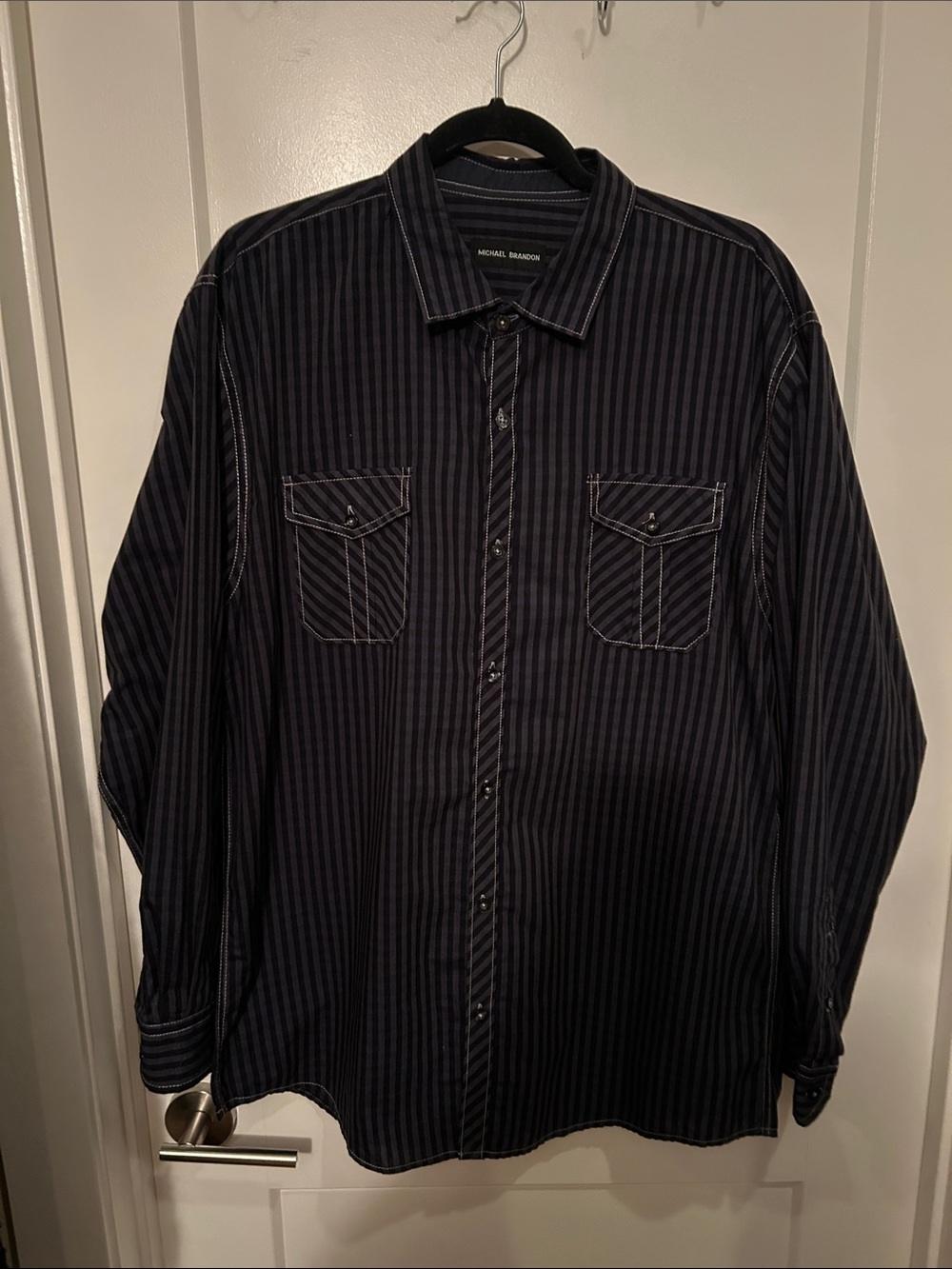 Michael Brandon Men's Dark Gray Vertical-Striped Button-Up Shirt  XL